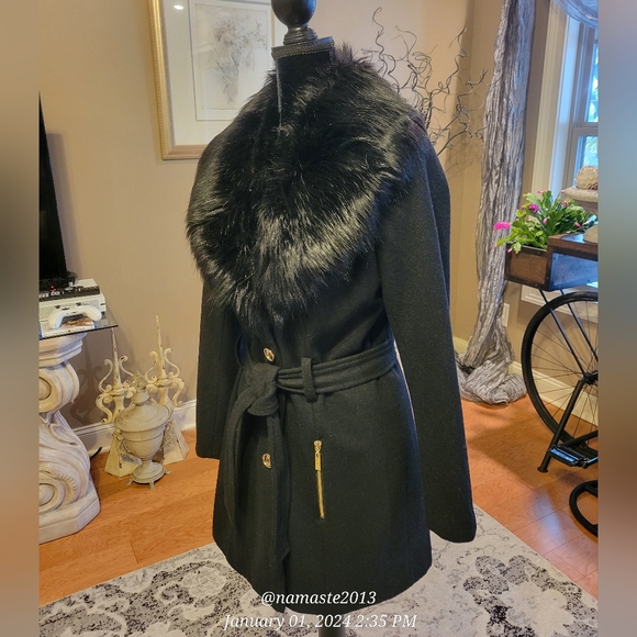 Guess Wool Blend Faux Fur Collar Pea Coat Luxury Designer Jacket Winter #677 - Picture 4 of 15